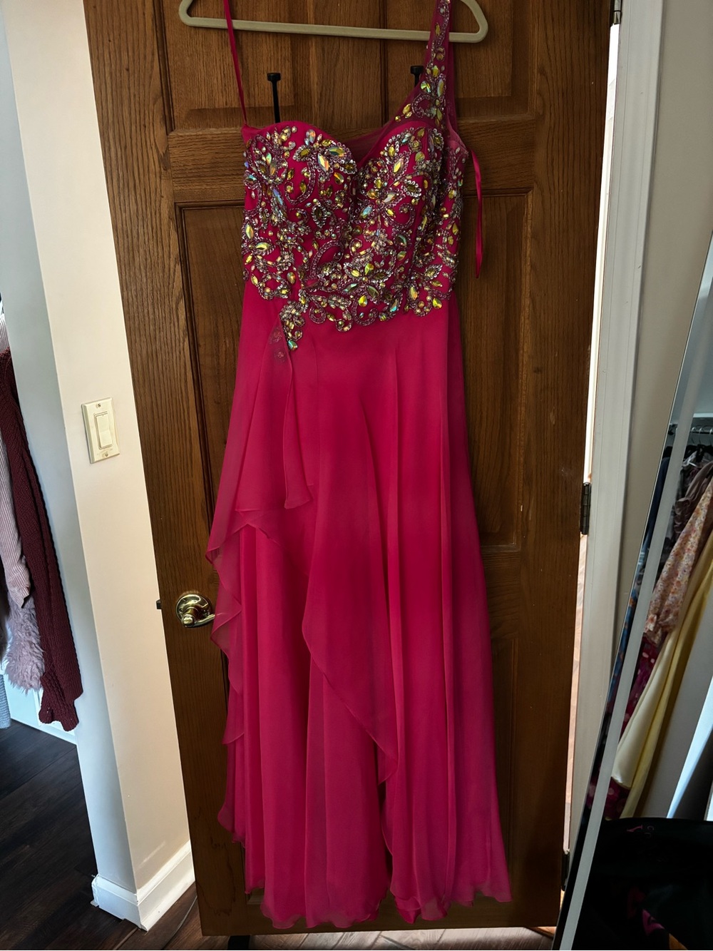 Y2K-inspired Fuchsia One Shoulder Beaded Formal Dress Pageant Prom Gown Size 14